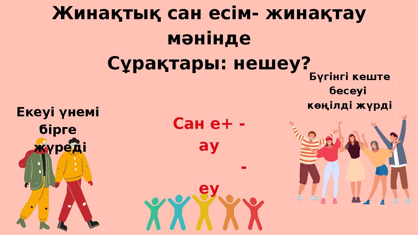 Жинақтық сан есім- жинақтау мәнінде Сұрақтары: нешеу? Сан е+ - ау - еу Екеуі үнемі бірге жүреді Бүгінгі к