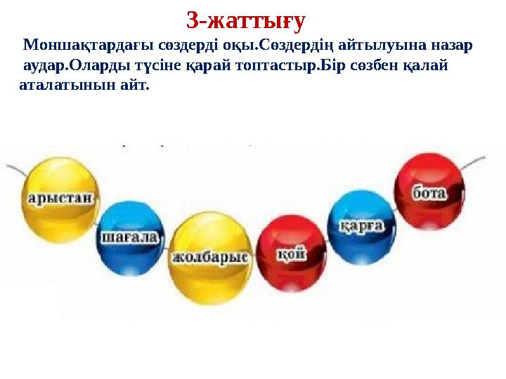 3-жаттығу Моншақтардағы сөздерді оқы.Сөздердің айтылуына назар аудар.Оларды түсіне қарай топтастыр.Бір сөзбен қалай аталатыны