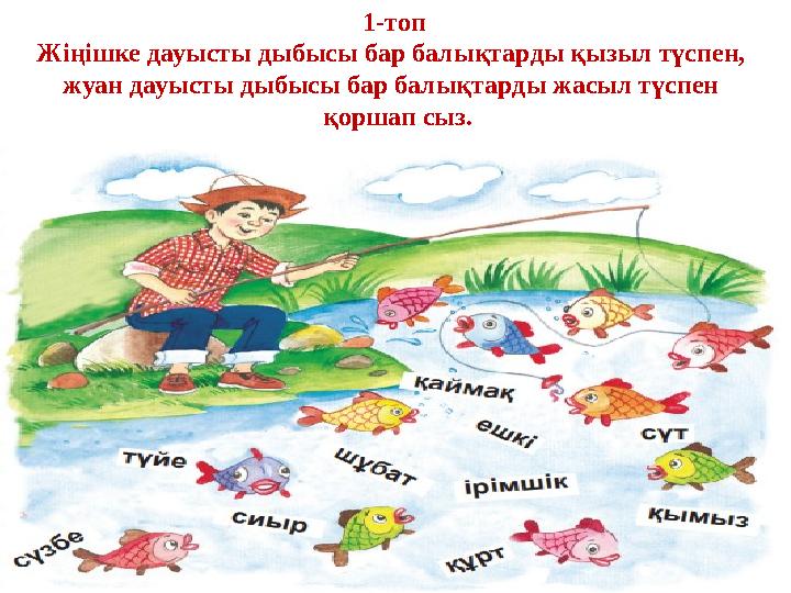 1-топ Жіңішке дауысты дыбысы бар балықтарды қызыл түспен, жуан дауысты дыбысы бар балықтарды жасыл түспен қоршап сыз.