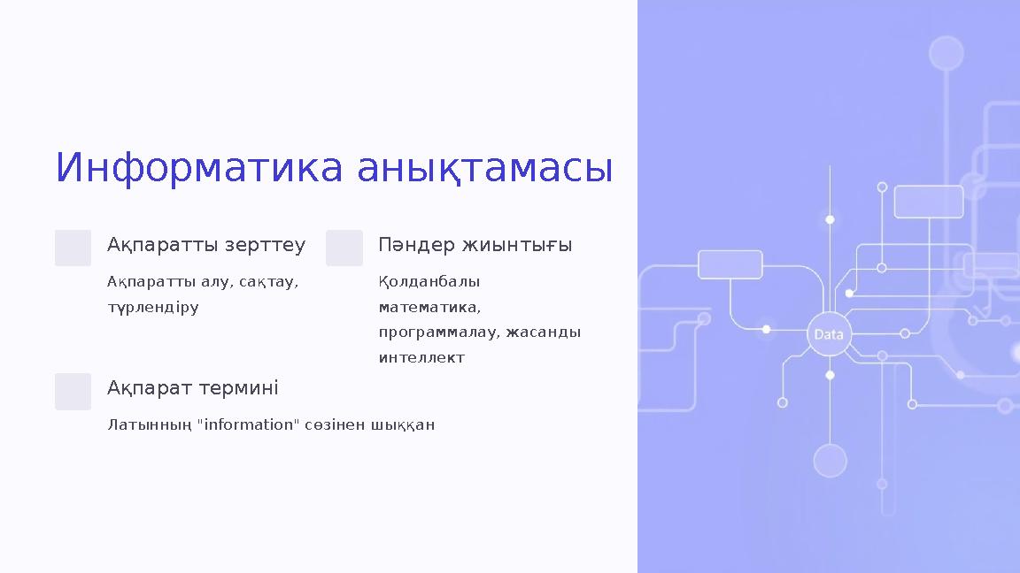 Информатика анықтамасы Ақпаратты зерттеу Ақпаратты алу, сақтау, түрлендіру Пәндер жиынтығы Қолданбалы математика, программала