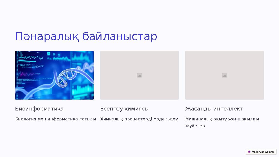 Пәнаралық байланыстар Биоинформатика Биология мен информатика тоғысы Есептеу химиясы Химиялық процестерді модельдеу Жасанды инте