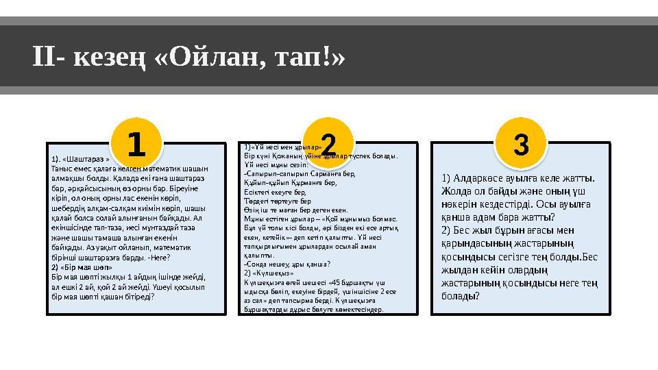 II- кезең «Ойлан, тап!» 1 1). «Шаштараз » Таныс емес қалаға келген математик шашын алмақшы болды. Қалада екі ғана шаштараз ба