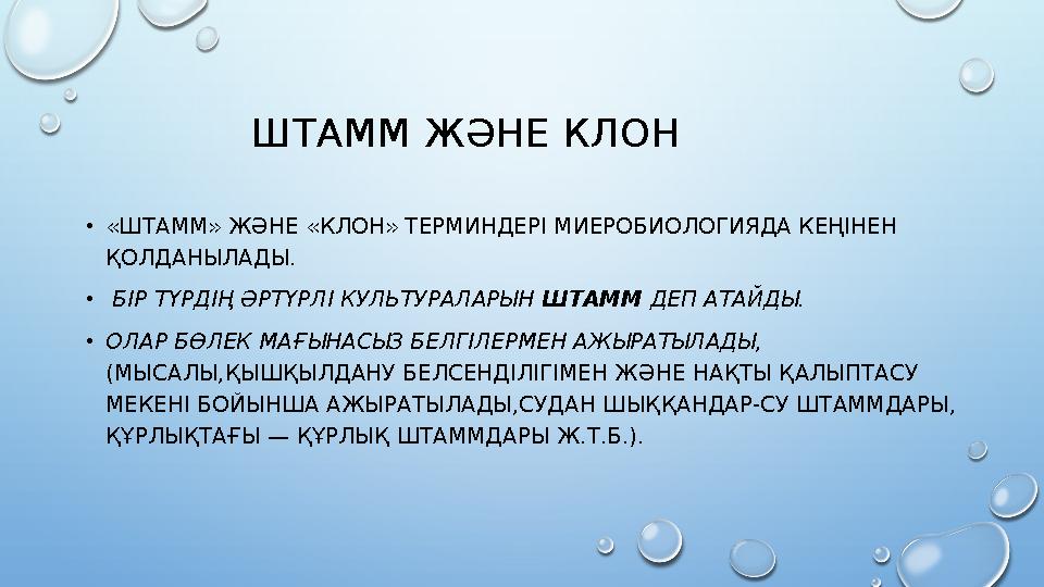 ШТАММ ЖӘНЕ КЛОН •«ШТАММ» ЖӘНЕ «КЛОН» ТЕРМИНДЕРІ МИЕРОБИОЛОГИЯДА КЕҢІНЕН ҚОЛДАНЫЛАДЫ. • БІР ТҮРДІҢ ӘРТҮРЛІ КУЛЬТУРАЛАРЫН ШТАММ