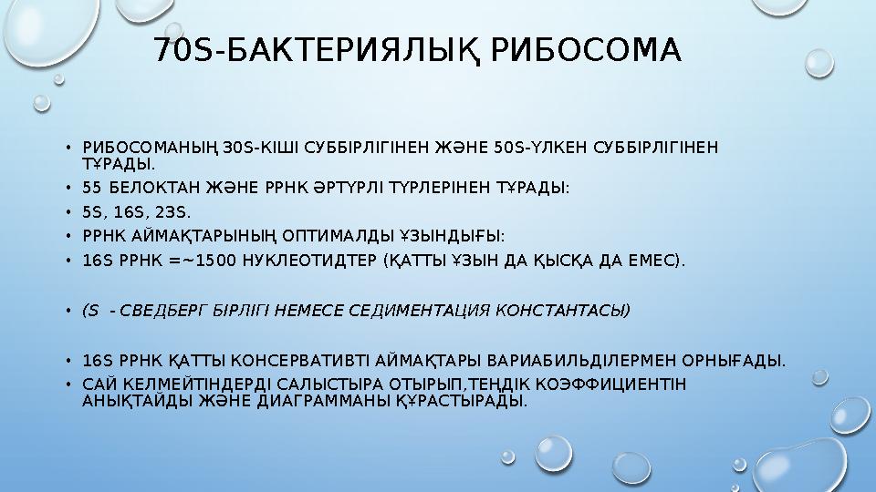 70S-БАКТЕРИЯЛЫҚ РИБОСОМА •РИБОСОМАНЫҢ 30 S-КІШІ СУББІРЛІГІНЕН ЖӘНЕ 50S-ҮЛКЕН СУББІРЛІГІНЕН ТҰРАДЫ. •55 БЕЛОКТАН ЖӘНЕ РРНК ӘРТҮ