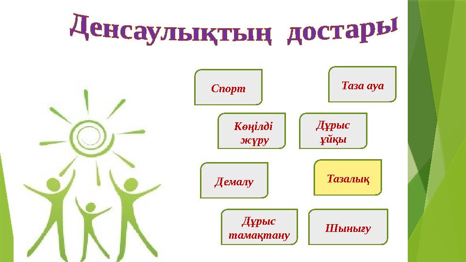 Спорт Тазалық Таза ауа Демалу Дұрыс ұйқы Дұрыс тамақтану Шынығу Көңілді жүру Спорт Тазалық Таза ауа Демалу Дұрыс ұйқы Дұрыс тамақтану Шынығу Көңілді жүру