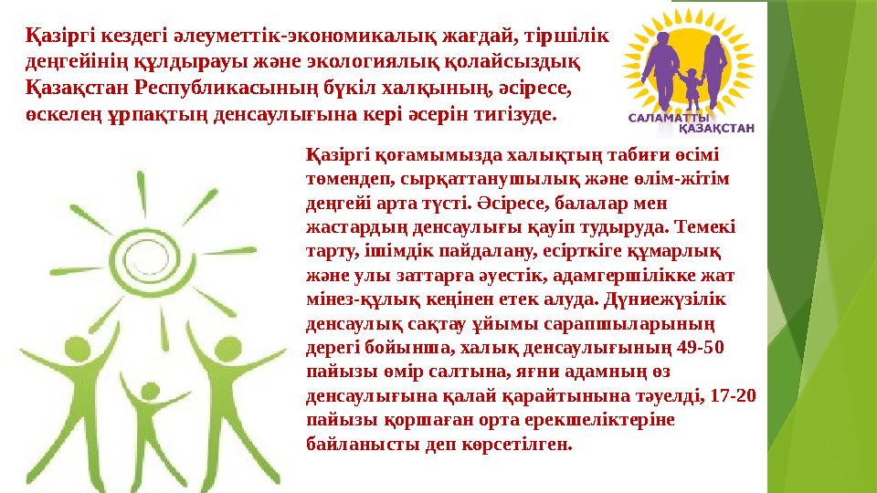 Қазіргі қоғамымызда халықтың табиғи өсімі төмендеп, сырқаттанушылық және өлім-жітім деңгейі арта түсті. Әсірес Қазіргі қоғамымызда халықтың табиғи өсімі төмендеп, сырқаттанушылық және өлім-жітім деңгейі арта түсті. Әсірес