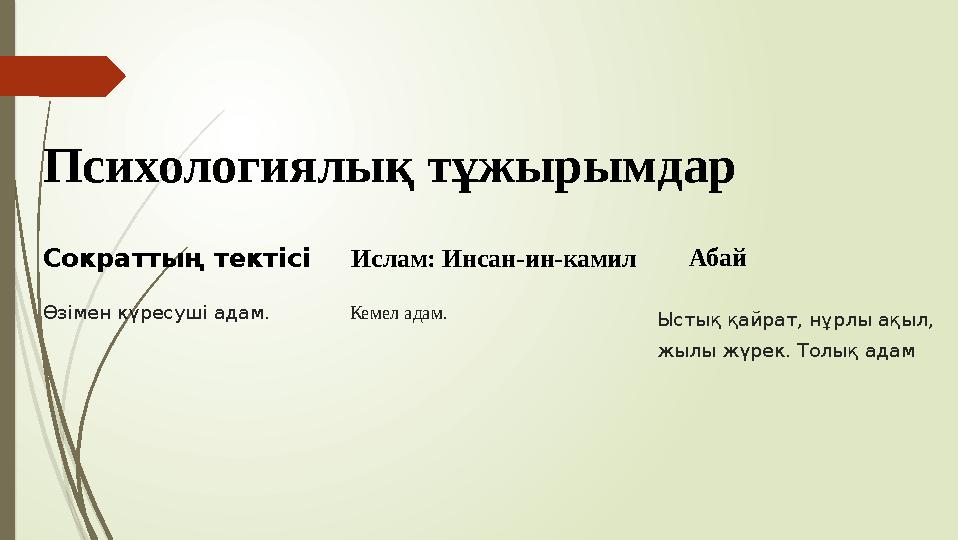 Психологиялық тұжырымдар Сократтың тектісі Өзімен күресуші адам. Ислам: Инсан-ин-камил Кемел адам. Абай Ыстық қайра