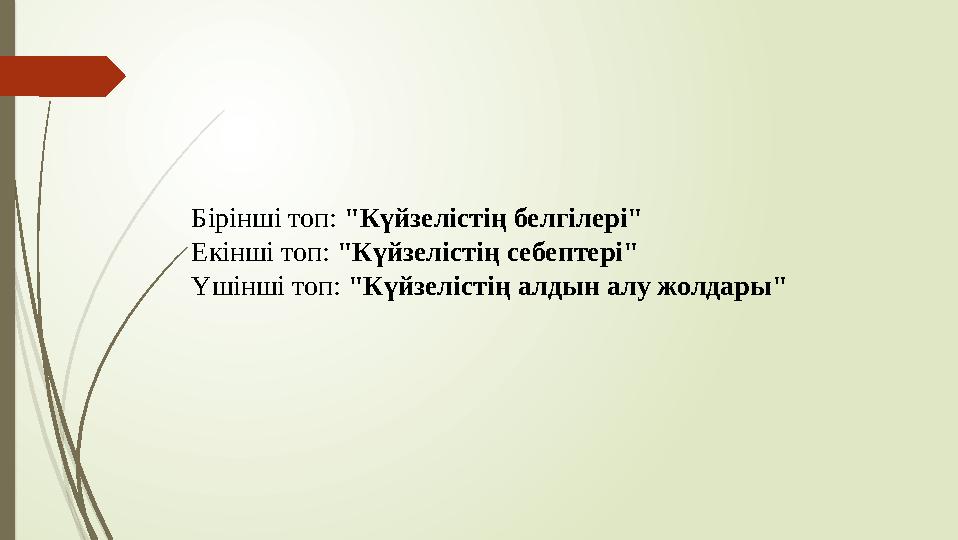 Бірінші топ: "Күйзелістің белгілері" Екінші топ: "Күйзелістің себептері" Үшінші топ: "Күйзелістің алдын алу жолдары