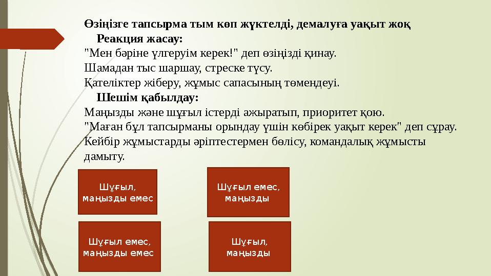 Өзіңізге тапсырма тым көп жүктелді, демалуға уақыт жоқ ❌ Реакция жасау: "Мен бәріне үлгеруім керек!" деп өзіңізді