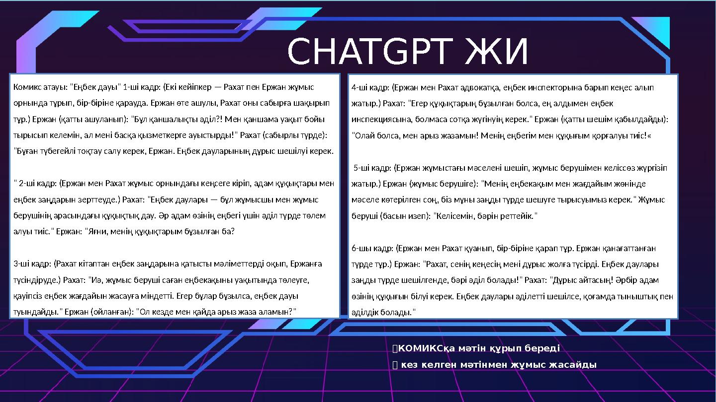 CHATGPT ЖИ ✅КОМИКС қа мәтін құрып береді ✅ кез келген мәтінмен жұмыс жасайды Комикс атауы: "Еңбек дауы" 1-ші кадр: (Екі кейіпк