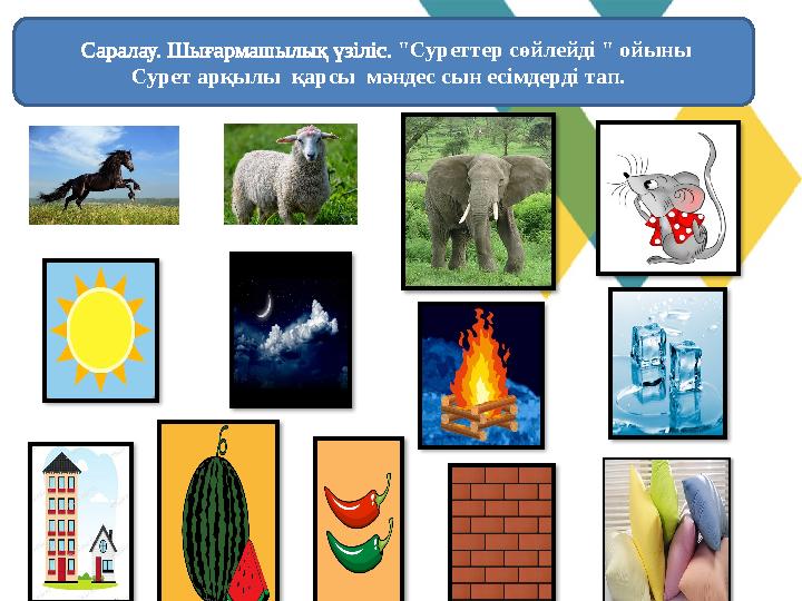 Саралау. Шығармашылық үзіліс. "Суреттер сөйлейді " ойыны Сурет арқылы қарсы мәндес сын есімдерді тап. Саралау. Шығармашылық үзіліс. "Суреттер сөйлейді " ойыны Сурет арқылы қарсы мәндес сын есімдерді тап.