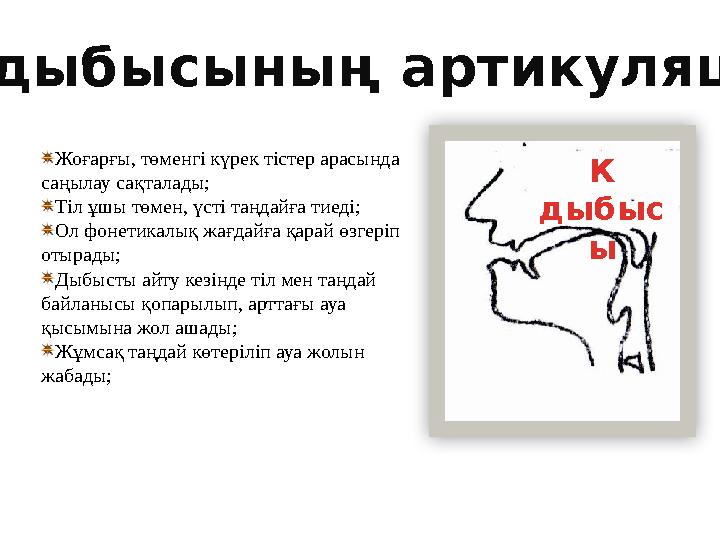 Жоғарғы, төменгі күрек тістер арасында саңылау сақталады; Тіл ұшы төмен, үсті таңдайға тиеді; Ол фонетикалық жағдайға қарай өз