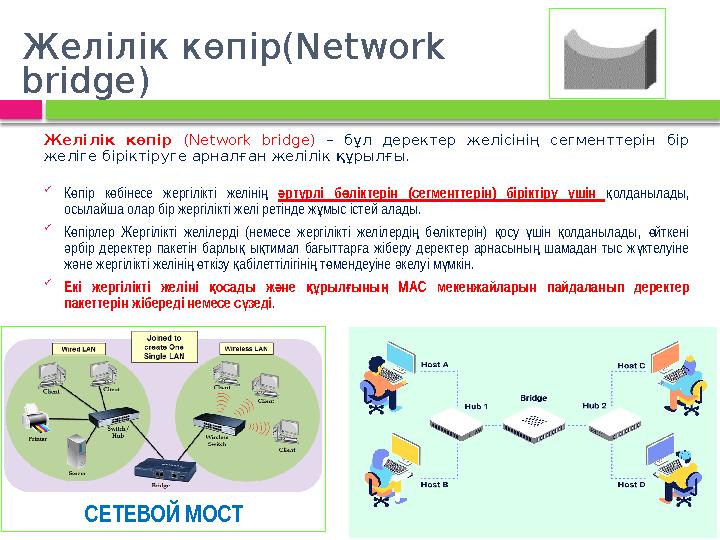Желілік көпір(Network bridge) Желілік көпір (Network bridge) – бұл деректер желісінің сегменттерін бір желіге біріктіруге а