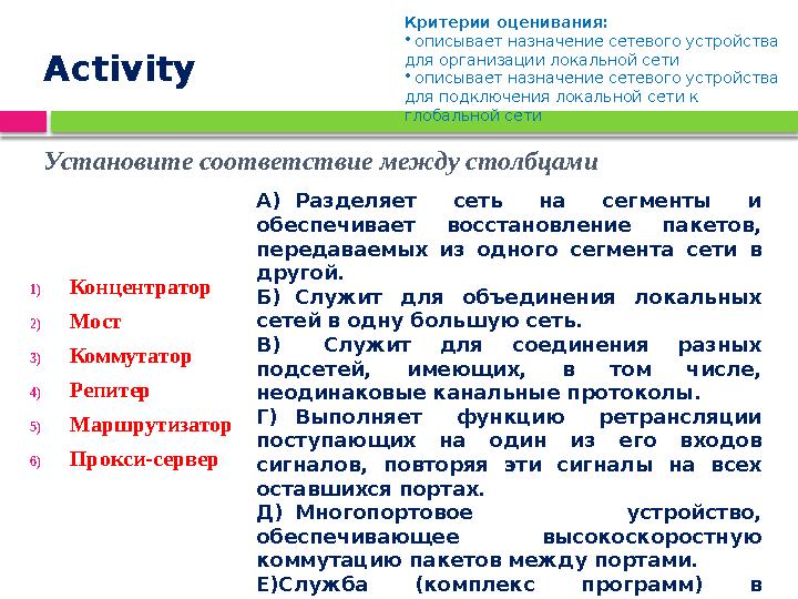 Установите соответствие между столбцами 1)Концентратор 2)Мост 3)Коммутатор 4)Репитер 5)Маршрутизатор 6)Прокси-сервер А)Разде