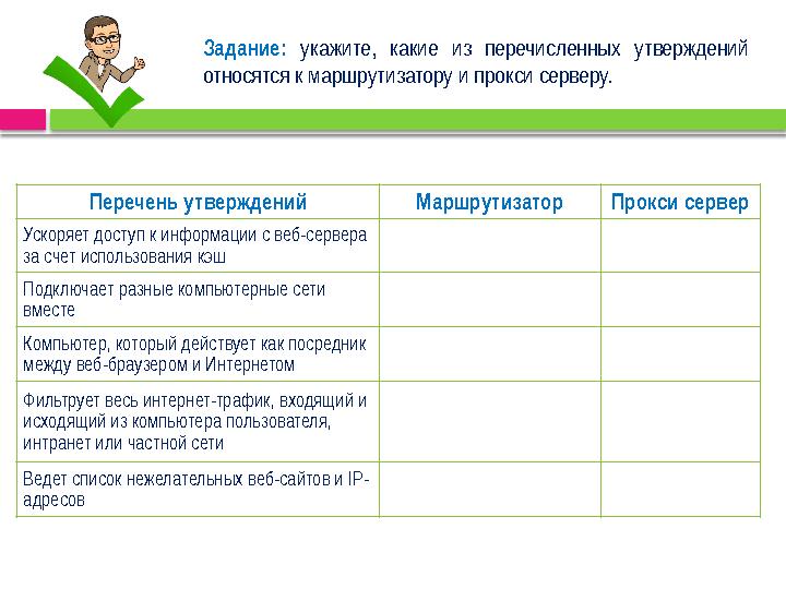 Задание: укажите, какие из перечисленных утверждений относятся к маршрутизатору и прокси серверу. Перечень утверждений Маршр