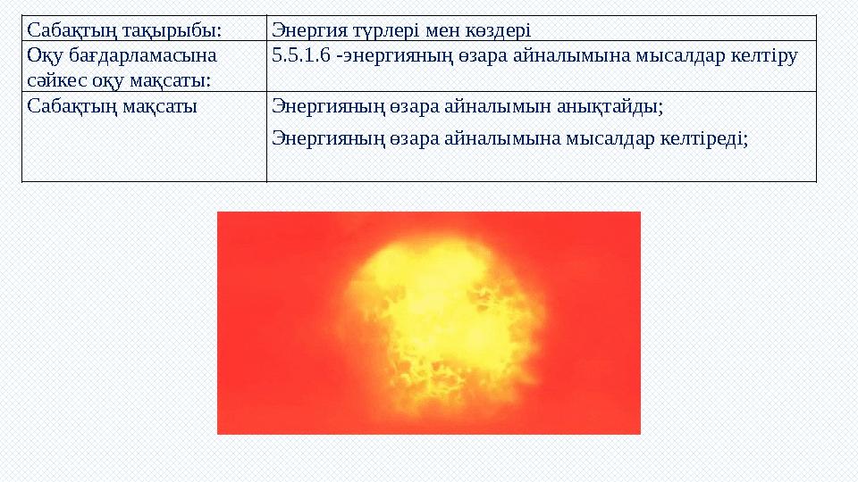 Сабақтың тақырыбы: Энергия түрлері мен көздері Оқу бағдарламасына сәйкес оқу мақсаты: 5.5.1.6 -энергияның өзара айналымына мыса