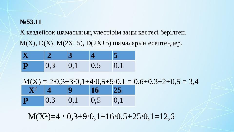 №53.11 X кездейсоқ шамасының үлестірім заңы кестесі берілген. М(Х), D(X), M(2X+5), D(2X+5) шамаларын есептеңдер. Х 2 3 4 5 P