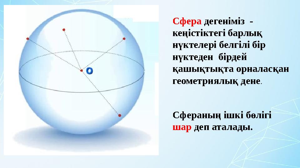 Сфера дегеніміз - кеңістіктегі барлық нүктелері белгілі бір нүктеден бірдей қашықтықта орналасқан геометриялық дене. Сф
