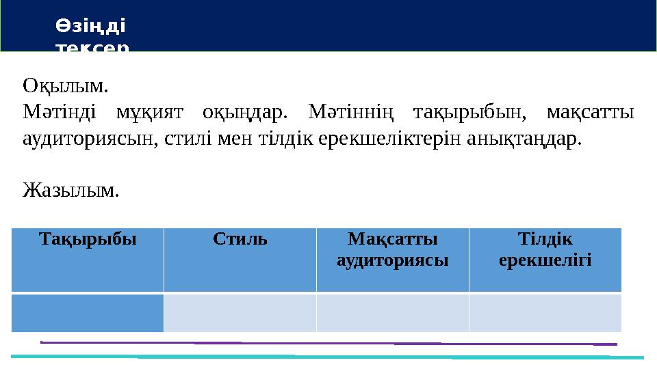 Өзіңді тексер Оқылым. Мәтінді мұқият оқыңдар. Мәтіннің тақырыбын, мақсатты аудиториясын, стилі мен тілдік ерекшеліктерін анық