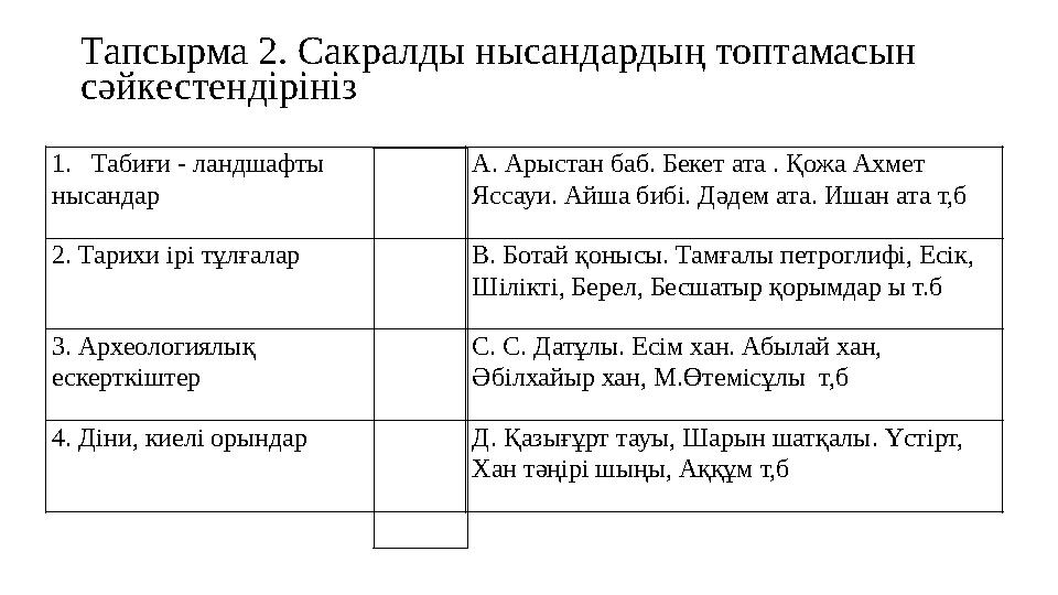 Тапсырма 2. Сакралды нысандардың топтамасын сәйкестендірініз 1.Табиғи - ландшафты нысандар А. Арыстан баб. Бекет ата . Қожа А