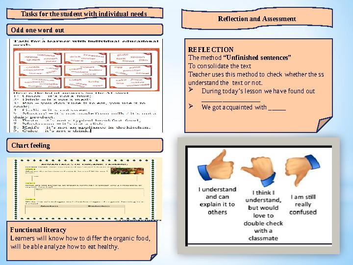 Tasks for the student with individual needs Reflection and Assessment REFLECTION The method “Unfinished sentences” To consolida
