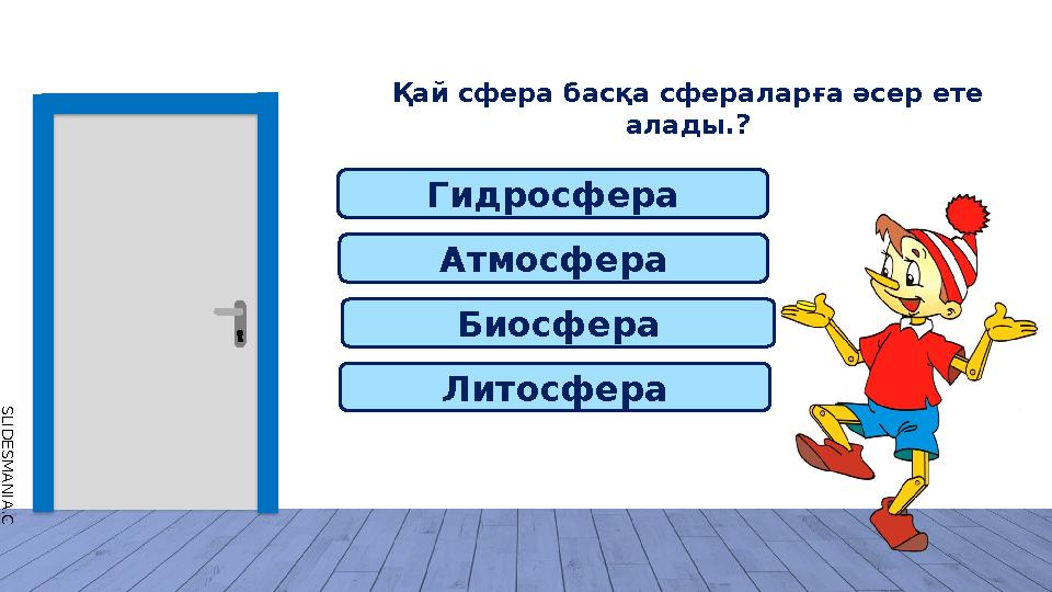 S L I D E S M A N I A . C O M Биосфера Қай сфера басқа сфераларға әсер ете алады.? Гидросфера Атмосфера Литосфера