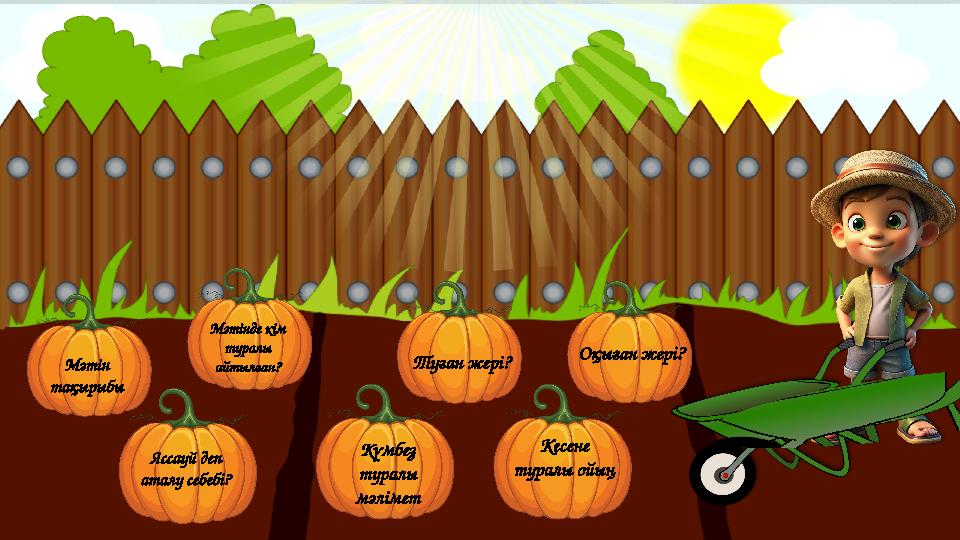 Мәтін тақырыбы Мәтінде кім туралы айтылған? Ясcауй деп аталу себебі? Күмбез туралы мәлімет Туған жері? Кесене туралы ой