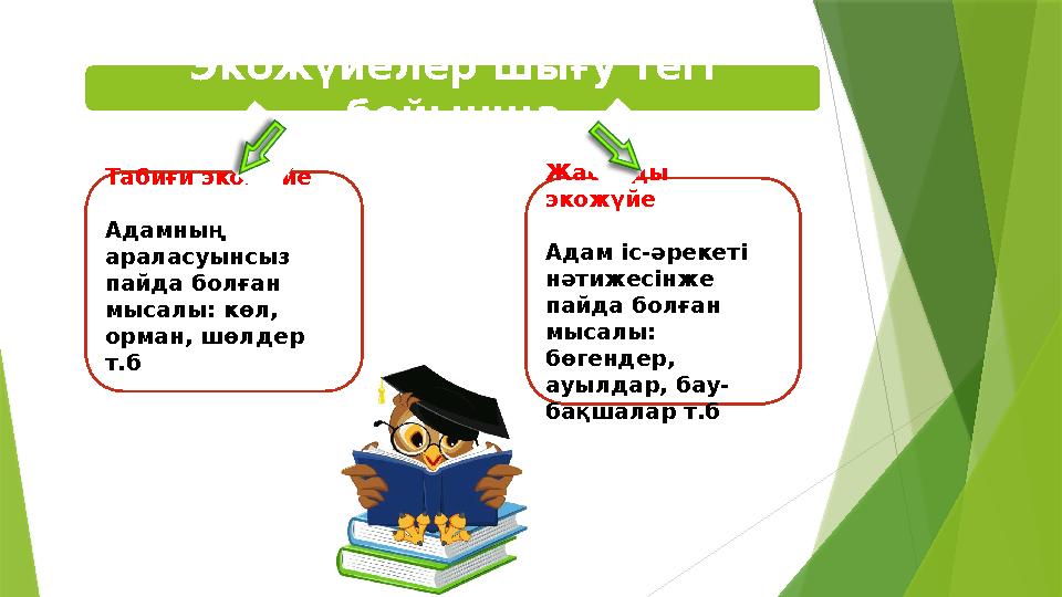 Экожүйелер шығу тегі бойынша Табиғи экожүйе Адамның араласуынсыз пайда болған мысалы: көл, орман, шөлдер т. Экожүйелер шығу тегі бойынша Табиғи экожүйе Адамның араласуынсыз пайда болған мысалы: көл, орман, шөлдер т.