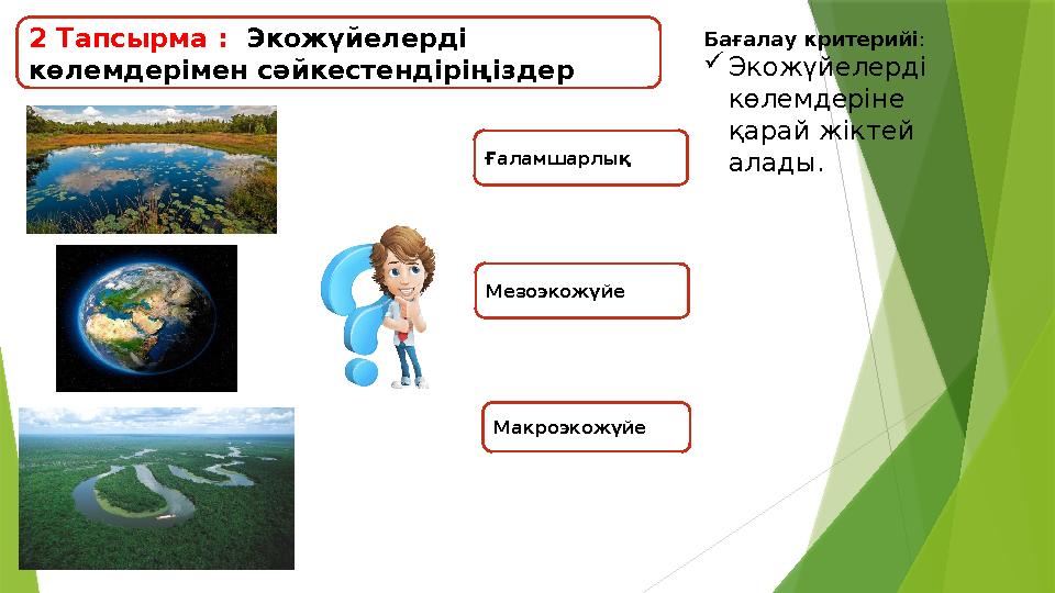 2 Тапсырма : Экожүйелерді көлемдерімен сәйкестендіріңіздер Ғаламшарлық Мезоэкожүйе Макроэкожүйе Бағалау критер 2 Тапсырма : Экожүйелерді көлемдерімен сәйкестендіріңіздер Ғаламшарлық Мезоэкожүйе Макроэкожүйе Бағалау критер