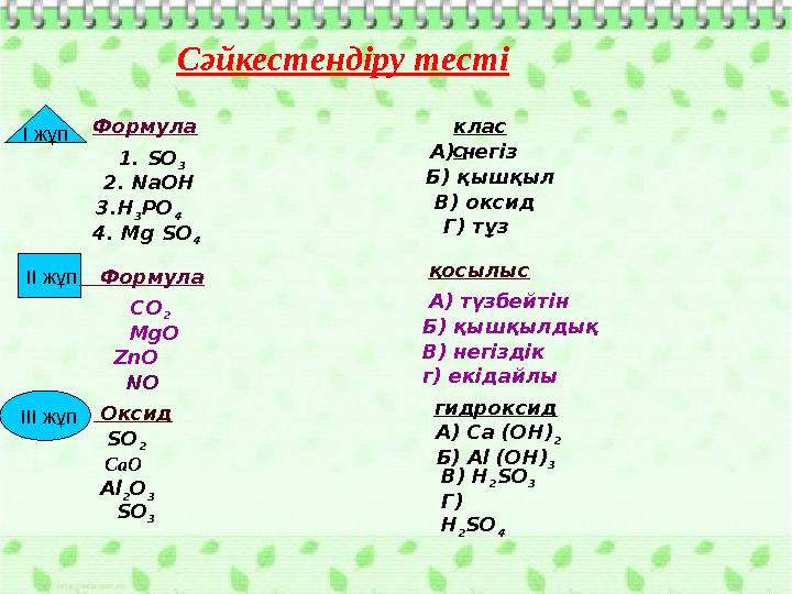 CO 2 MgO ZnO NO А) түзбейтін Б) қышқылдық В) негіздік г) екідайлы ІІ жұп Формула қосылыс ІІІ жұп Окс