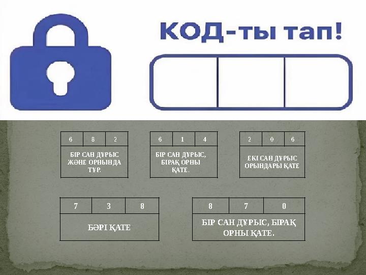 6 8 2 6 1 4 2 0 6 БІР САН ДҰРЫС ЖӘНЕ ОРНЫНДА ТҰР. БІР САН ДҰРЫС, БІРАҚ ОРНЫ ҚАТЕ. ЕКІ САН ДҰРЫС ОРЫНДАРЫ ҚАТЕ 7 3 8 8 7 0 Б