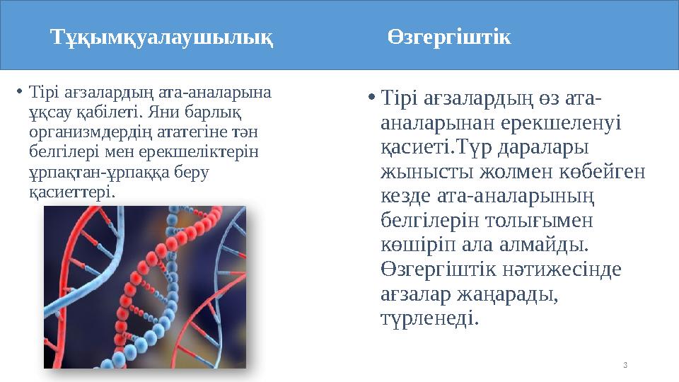 3 •Тірі ағзалардың ата-аналарына ұқсау қабілеті. Яни барлық организмдердің ататегіне тән белгілері мен ерекшеліктерін ұрпақт