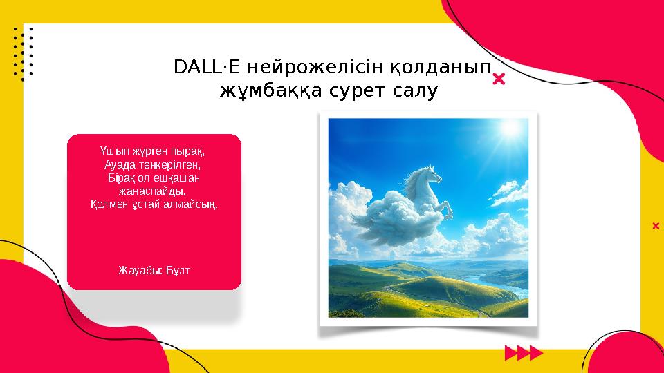 Presentation template by DALL·E нейрожелісін қолданып жұмбаққа сурет салу Ұшып жүрген пырақ, Ауада төңкерілген, Бірақ ол еш
