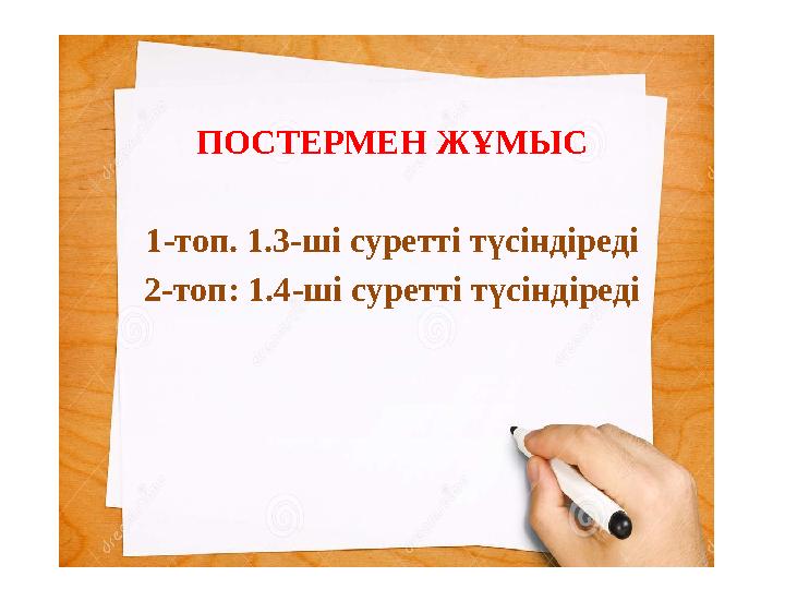 Постермен жұмыс ПОСТЕРМЕН ЖҰМЫС 1-топ. 1.3-ші суретті түсіндіреді 2-топ: 1.4-ші суретті түсіндіреді