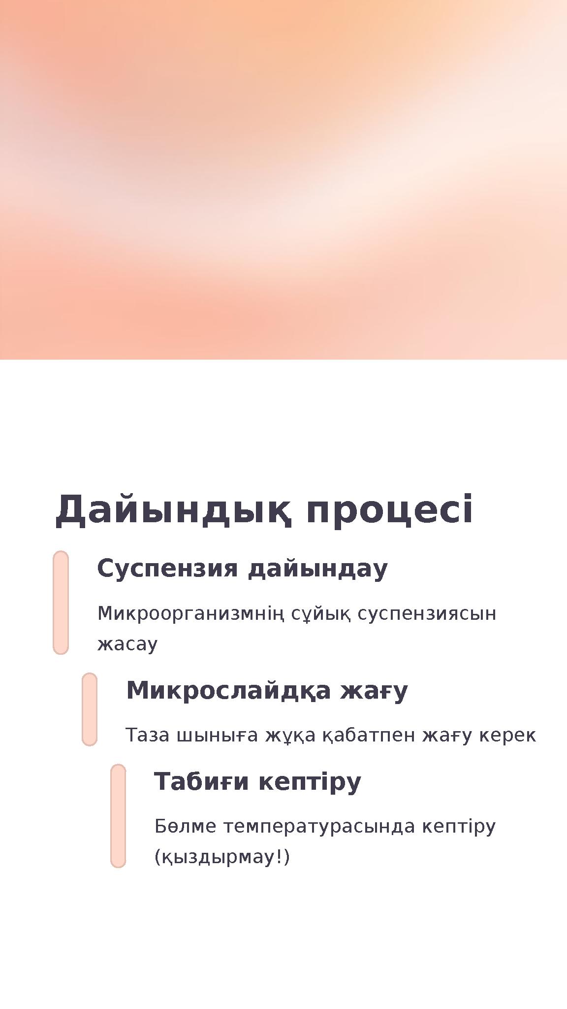 Дайындық процесі Суспензия дайындау Микроорганизмнің сұйық суспензиясын жасау Микрослайдқа жағу Таза шыныға жұқа қабатпен жағу