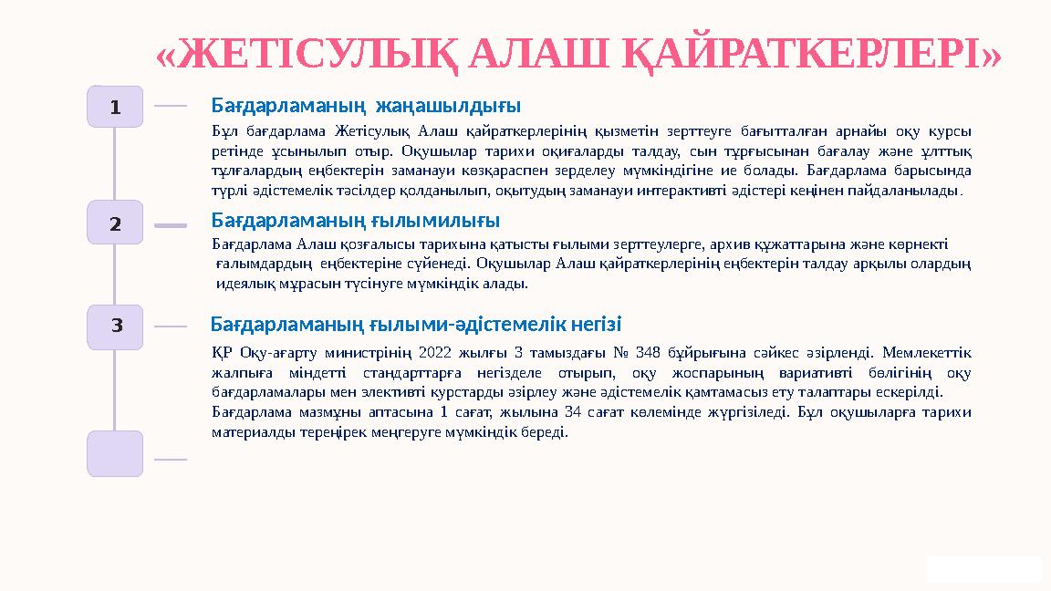 1 Бағдарламаның жаңашылдығы Бұл бағдарлама Жетісулық Алаш қайраткерлерінің қызметін зерттеуге бағытталған арнайы оқу курсы рет