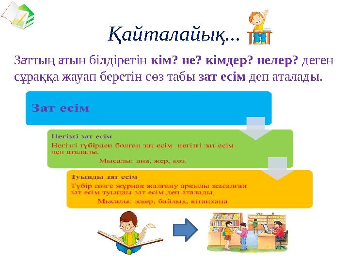 Қайталайық... Заттың атын білдіретін кім? не? кімдер? нелер? деген сұраққа жауап беретін сөз табы зат есім деп аталады.