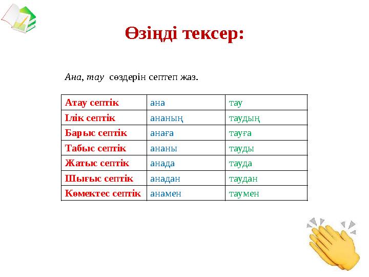 Атау септік ана тау Ілік септік ананың таудың Барыс септік анаға тауға Табыс септік ананы тауды Жатыс септік анада тауда Шығыс с