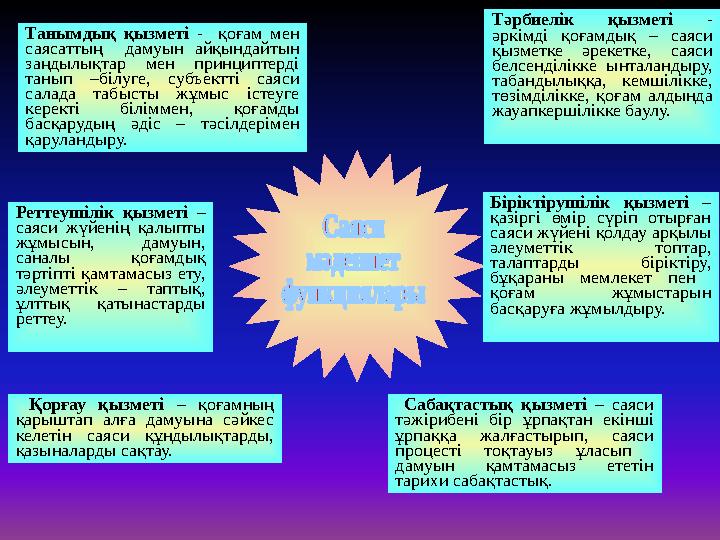 Танымдық қызметі - қоғам мен саясаттың дамуын айқындайтын заңдылықтар мен принциптерді танып –білуге, субъектті саяси салад