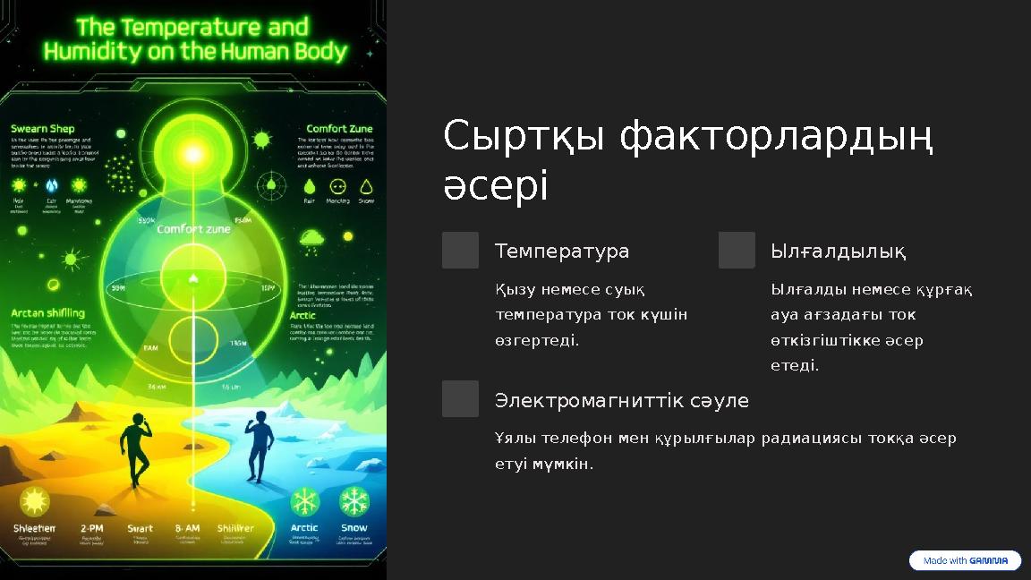 Сыртқы факторлардың әсері Температура Қызу немесе суық температура ток күшін өзгертеді. Ылғалдылық Ылғалды немесе құрғақ ауа