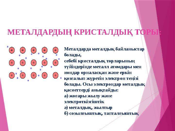 МЕТАЛДАРДЫҢ КРИСТАЛДЫҚ ТОРЫ : Металдарда металдық байланыстар болады, себебі кристалдық торларының түйіндер