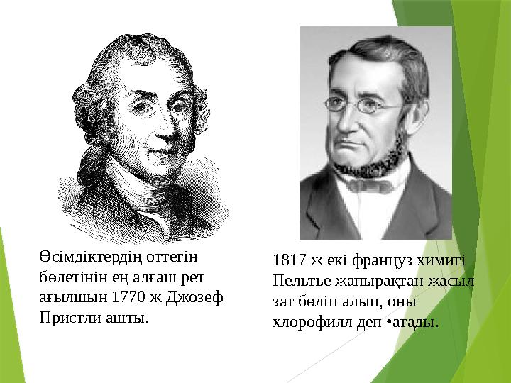Өсімдіктердің оттегін бөлетінін ең алғаш рет ағылшын 1770 ж Джозеф Пристли ашты. 1817 ж екі француз химигі