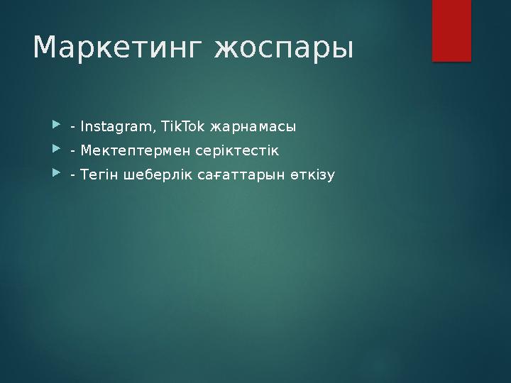 Маркетинг жоспары - Instagram, TikTok жарнамасы - Мектептермен серіктестік - Тегін шеберлік сағаттарын өткізу