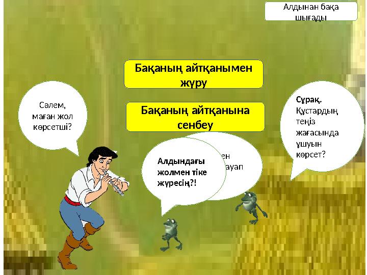 Алдымен сұрағыма жауап бер Бақаның айтқанымен жүру Бақаның айтқанына сенбеу Алдынан бақа шығады Сәлем, маған жол көрсетші