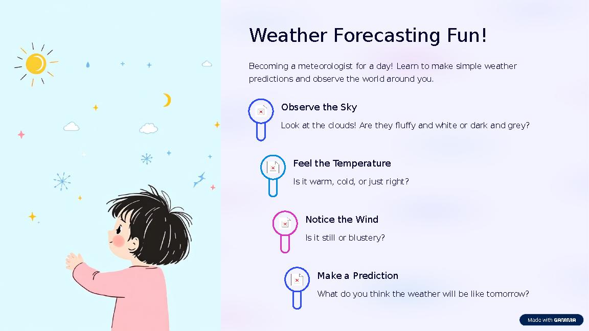 Weather Forecasting Fun! Becoming a meteorologist for a day! Learn to make simple weather predictions and observe the world ar