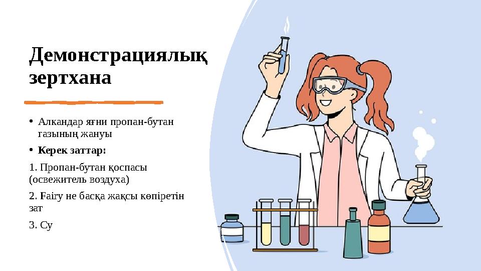 Демонстрациялық зертхана •Алкандар яғни пропан-бутан газының жануы •Керек заттар: 1. Пропан-бутан қоспасы (освежитель воздух