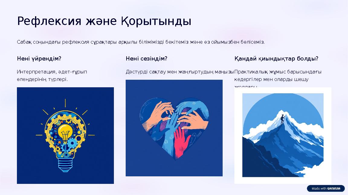 Рефлексия және Қорытынды Сабақ соңындағы рефлексия сұрақтары арқылы білімімізді бекітеміз және өз ойымызбен бөлісеміз. Нені үйр