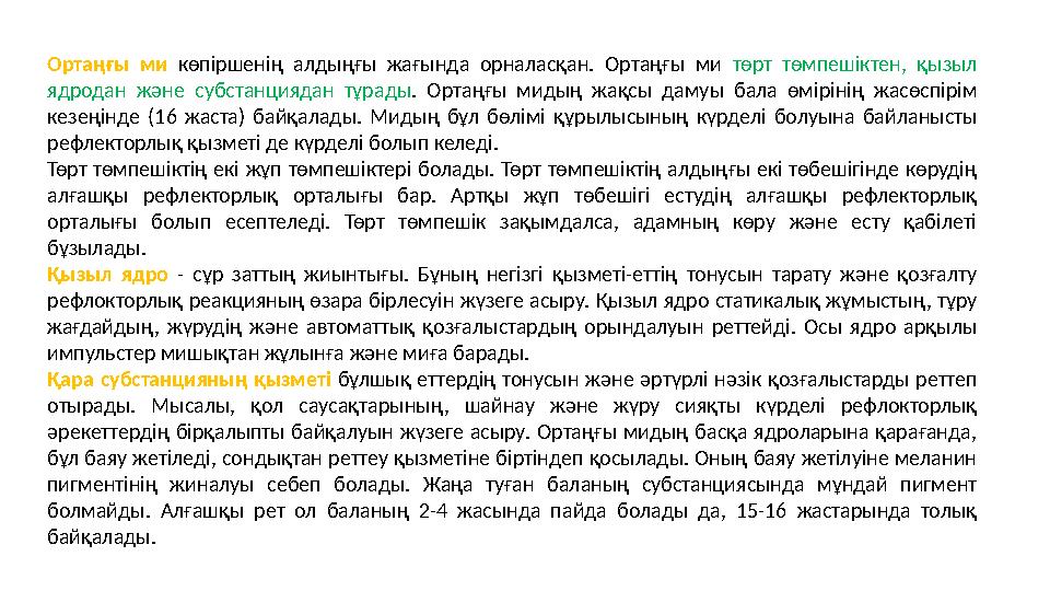 Ортаңғы ми көпіршенің алдыңғы жағында орналасқан. Oртаңғы ми төрт төмпешіктен, қызыл ядродан және субстанциядан тұрады. Ортаңғы
