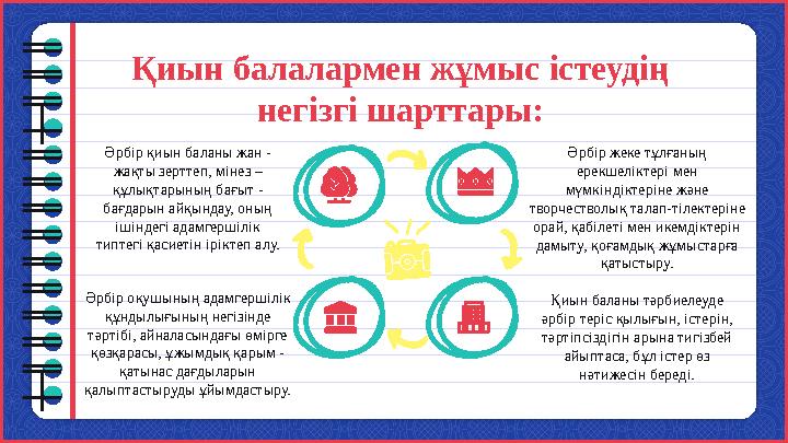 Қиын балалармен жұмыс істеудің негізгі шарттары: Әрбір қиын баланы жан - жақты зерттеп, мінез – құлықтарының бағыт - бағда