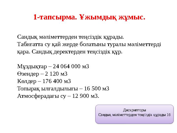 1-тапсырма. Ұжымдық жұмыс. Сандық мәліметтерден теңсіздік құрады. Табиғатта су қай жерде болатыны туралы мәліметтерді қара. Сан